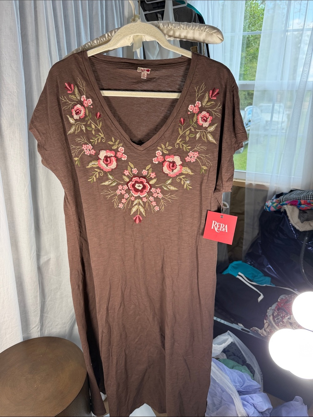 Reba Brown V-Neck Tunic with Pink Floral Embroidery